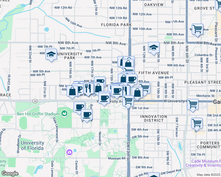 map of restaurants, bars, coffee shops, grocery stores, and more near 111 Northwest 16th Street in Gainesville
