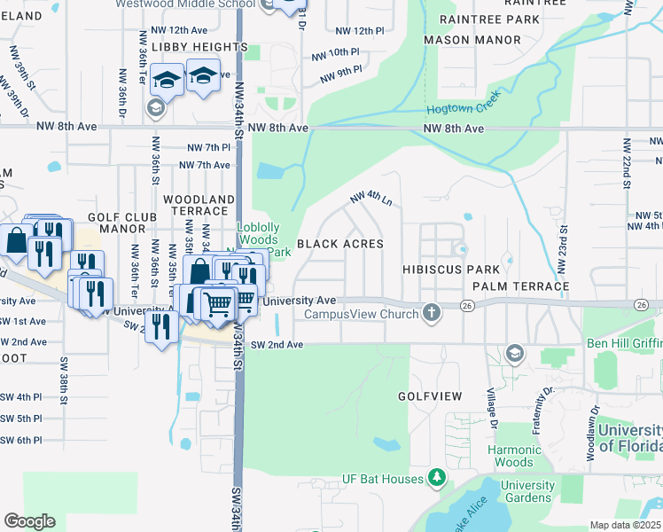 map of restaurants, bars, coffee shops, grocery stores, and more near 3019 Northwest 2 Avenue in Gainesville
