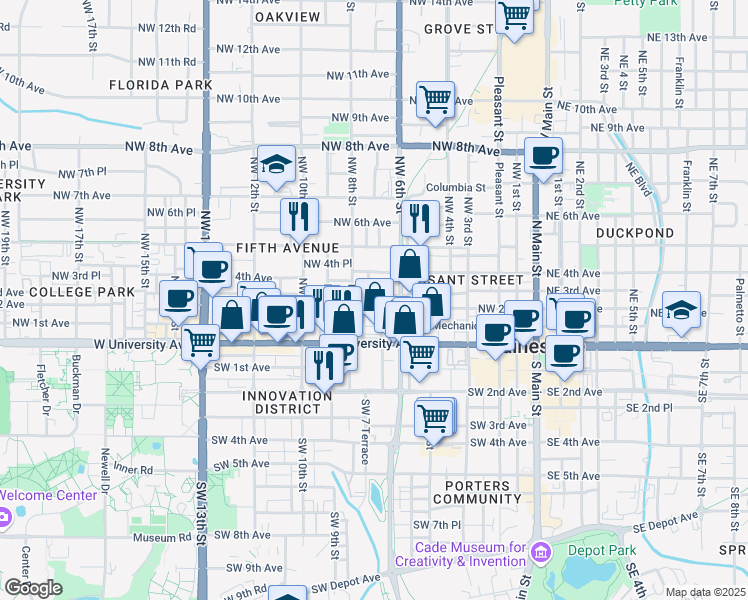 map of restaurants, bars, coffee shops, grocery stores, and more near 710 Northwest 2 Avenue in Gainesville