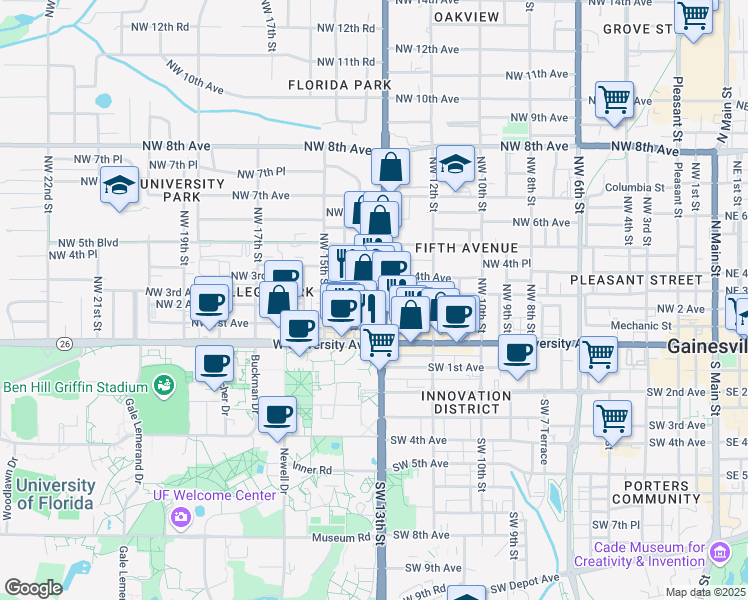 map of restaurants, bars, coffee shops, grocery stores, and more near 204 Northwest 13th Street in Gainesville