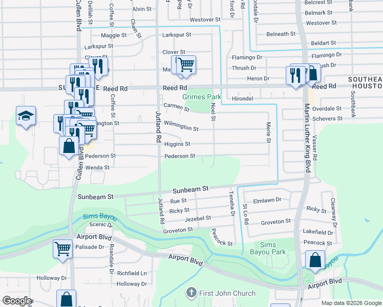 map of restaurants, bars, coffee shops, grocery stores, and more near 5109 Pederson Street in Houston