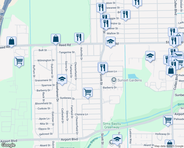 map of restaurants, bars, coffee shops, grocery stores, and more near 3614 Dawson Lane in Houston
