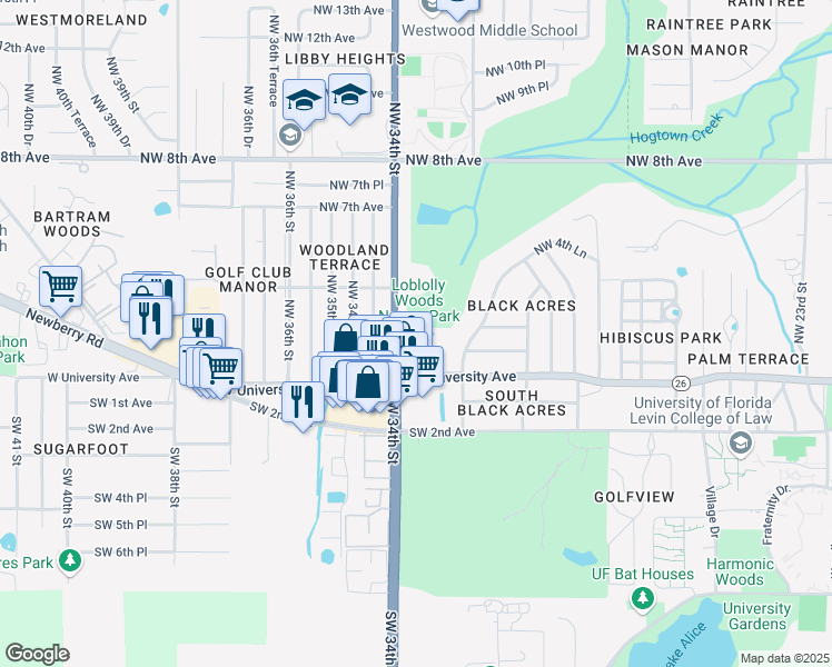 map of restaurants, bars, coffee shops, grocery stores, and more near 135 Northwest 34th Street in Gainesville