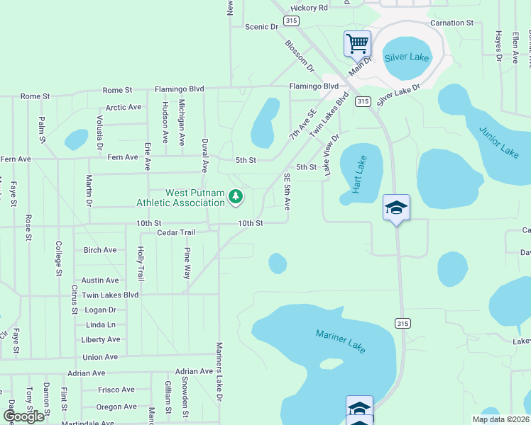 map of restaurants, bars, coffee shops, grocery stores, and more near Twin Lakes Boulevard in Interlachen