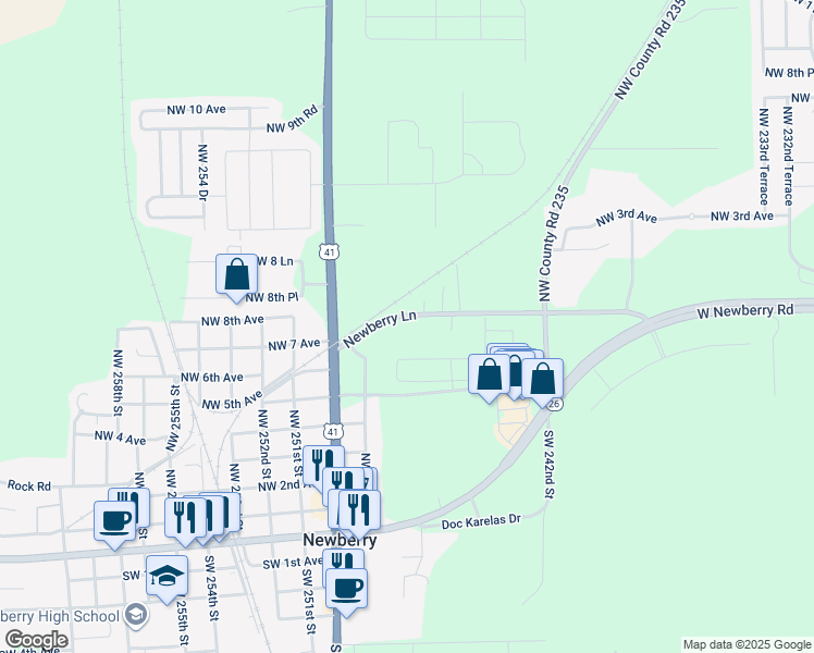 map of restaurants, bars, coffee shops, grocery stores, and more near 24703 West Newberry Road in Newberry