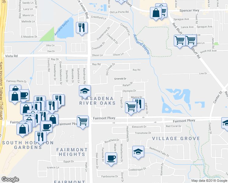 map of restaurants, bars, coffee shops, grocery stores, and more near 6500 Olympia Drive in Pasadena