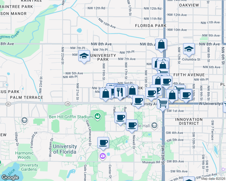 map of restaurants, bars, coffee shops, grocery stores, and more near 1819 Northwest 2 Avenue in Gainesville