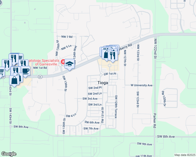 map of restaurants, bars, coffee shops, grocery stores, and more near 188 Southwest 131st Street in Newberry