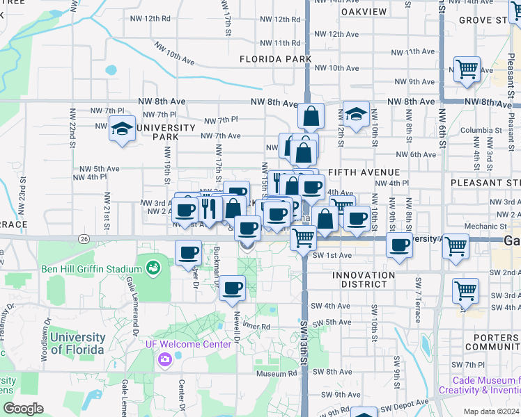 map of restaurants, bars, coffee shops, grocery stores, and more near 111 Northwest 16th Street in Gainesville