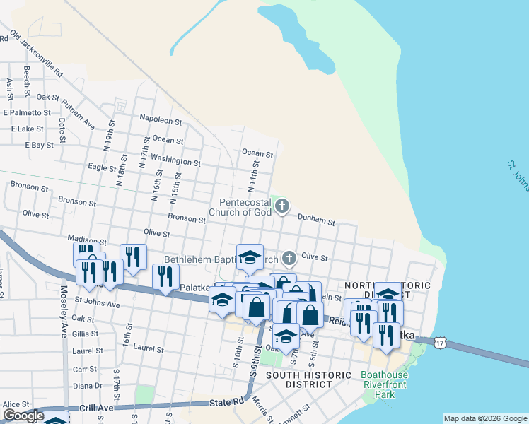 map of restaurants, bars, coffee shops, grocery stores, and more near 621 North 10th Street in Palatka