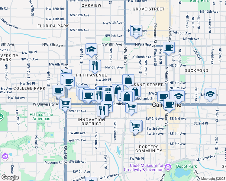 map of restaurants, bars, coffee shops, grocery stores, and more near 710 Northwest 2 Avenue in Gainesville
