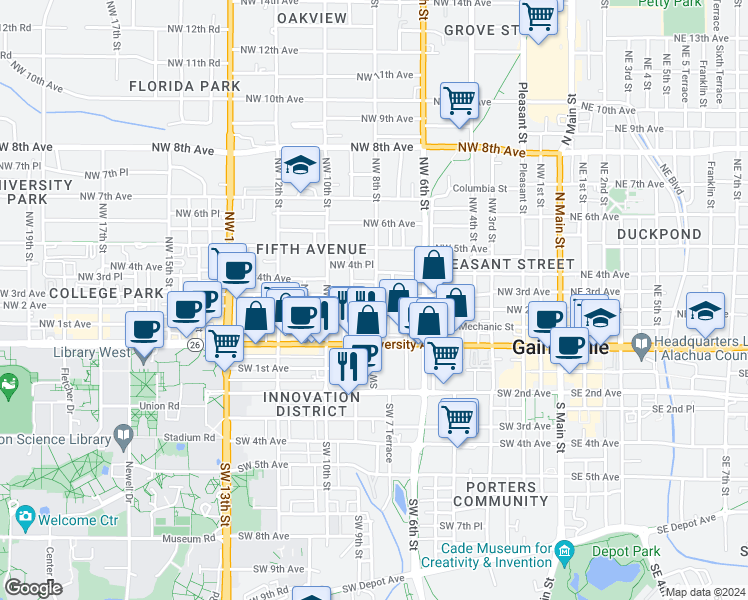 map of restaurants, bars, coffee shops, grocery stores, and more near 817 Northwest 3rd Avenue in Gainesville