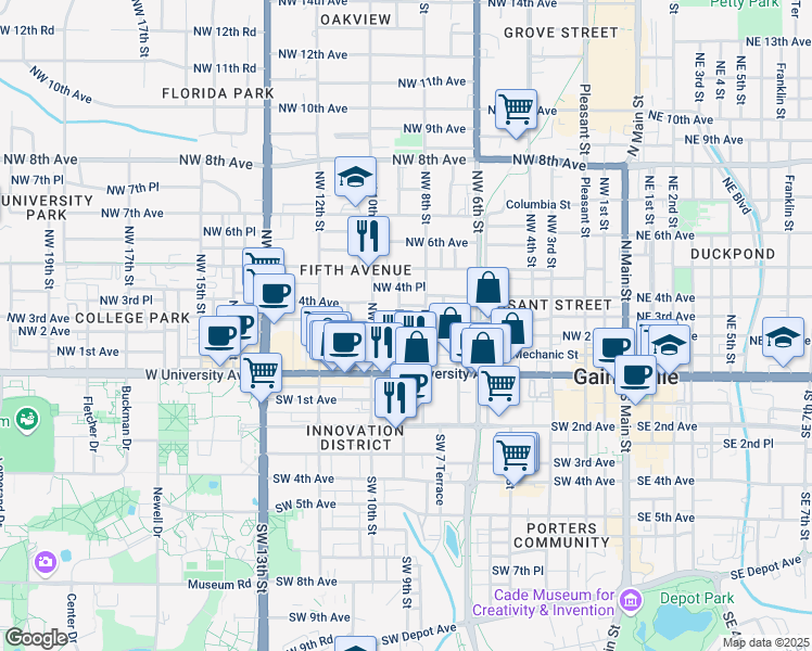 map of restaurants, bars, coffee shops, grocery stores, and more near 817 Northwest 3rd Avenue in Gainesville