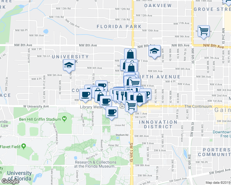 map of restaurants, bars, coffee shops, grocery stores, and more near 1414 Northwest 2 Avenue in Gainesville