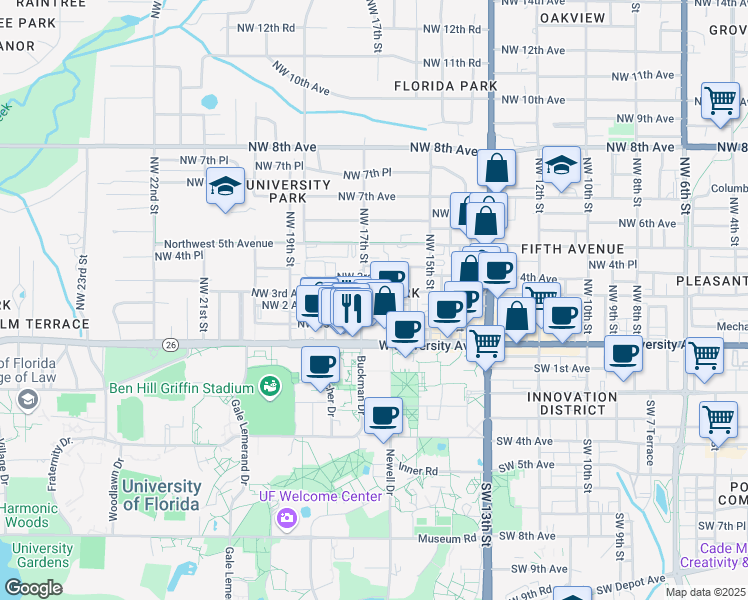 map of restaurants, bars, coffee shops, grocery stores, and more near 1624 Northwest 2 Avenue in Gainesville