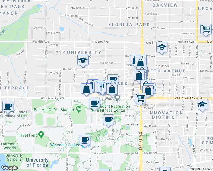 map of restaurants, bars, coffee shops, grocery stores, and more near 1624 Northwest 2 Avenue in Gainesville