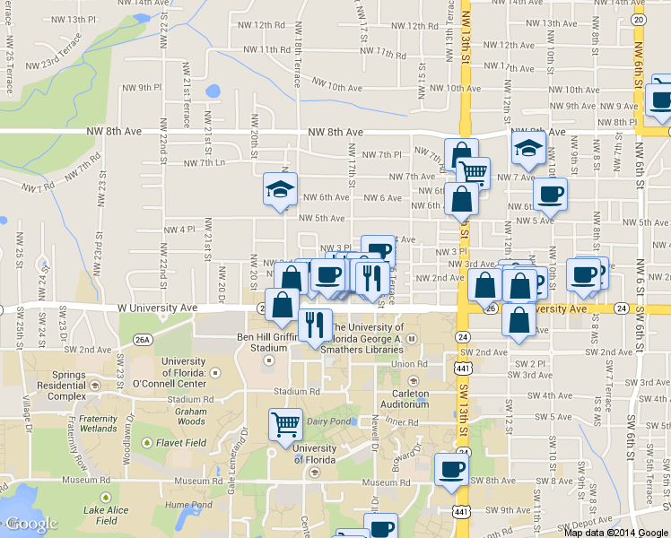 map of restaurants, bars, coffee shops, grocery stores, and more near 104 Northwest 18th Street in Gainesville