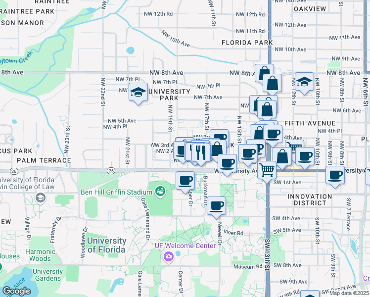 map of restaurants, bars, coffee shops, grocery stores, and more near 1819 Northwest 2 Avenue in Gainesville