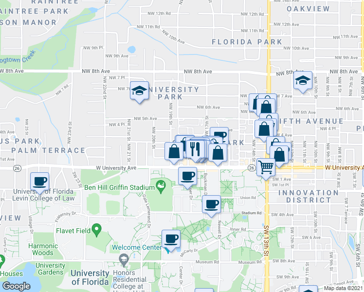 map of restaurants, bars, coffee shops, grocery stores, and more near 1819 Northwest 2 Avenue in Gainesville