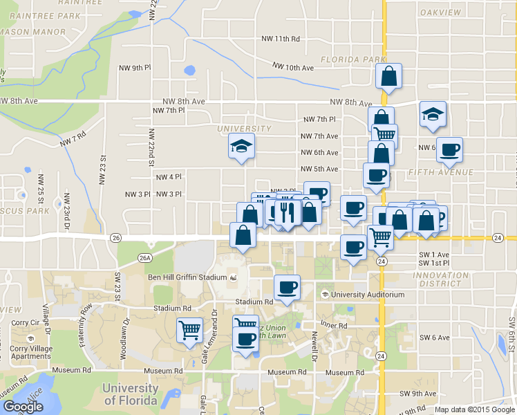 map of restaurants, bars, coffee shops, grocery stores, and more near 1819 Northwest 2 Avenue in Gainesville