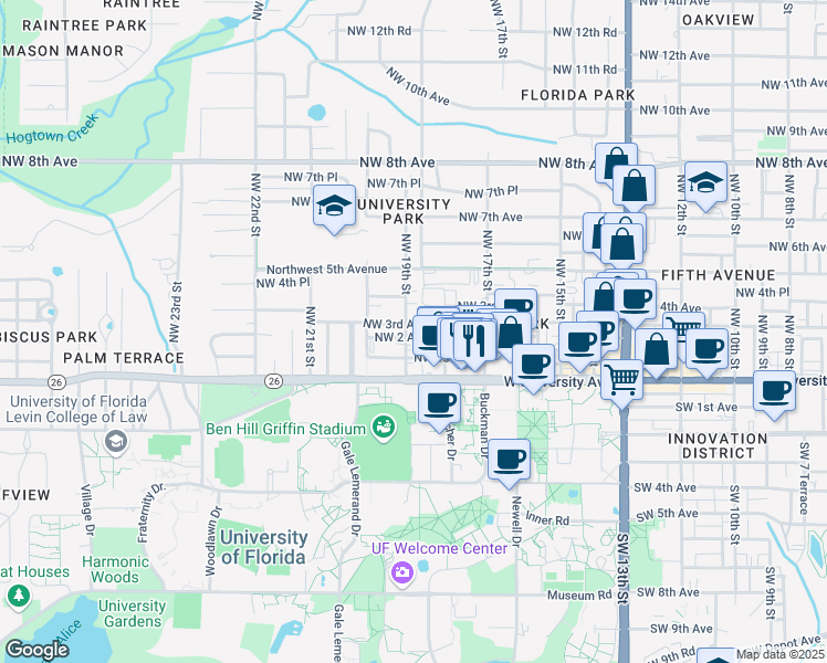 map of restaurants, bars, coffee shops, grocery stores, and more near 1819 Northwest 2 Avenue in Gainesville