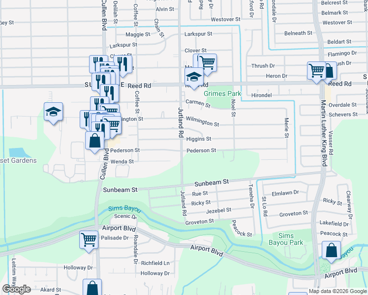map of restaurants, bars, coffee shops, grocery stores, and more near 4931 Pederson Street in Houston