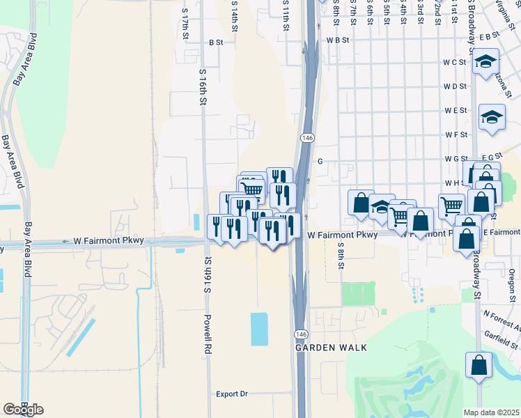 map of restaurants, bars, coffee shops, grocery stores, and more near 1300 West Fairmont Parkway in La Porte