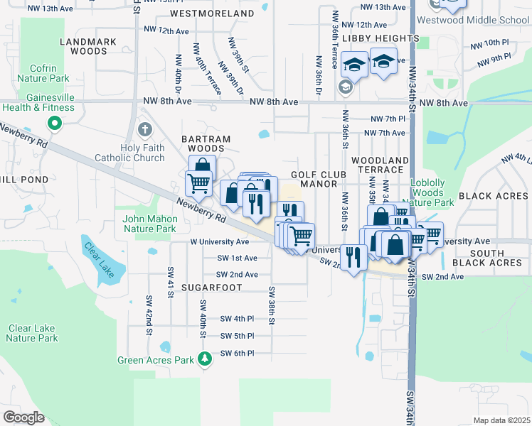 map of restaurants, bars, coffee shops, grocery stores, and more near 3832 West Newberry Road in Gainesville