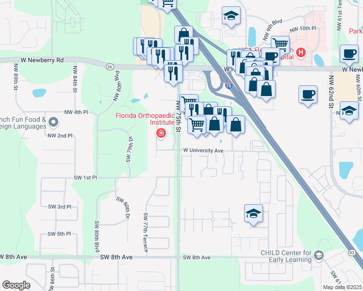 map of restaurants, bars, coffee shops, grocery stores, and more near 101 Tower Road in Gainesville
