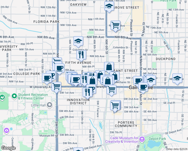 map of restaurants, bars, coffee shops, grocery stores, and more near 801 Northwest 3rd Avenue in Gainesville