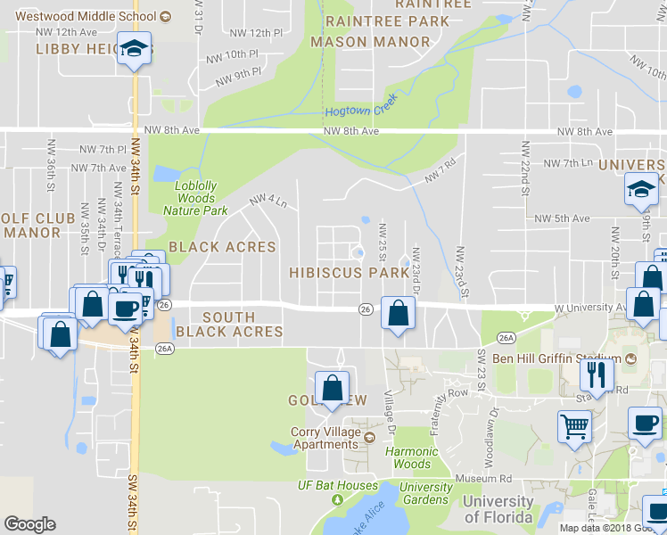 map of restaurants, bars, coffee shops, grocery stores, and more near 162 Northwest 27th Street in Gainesville