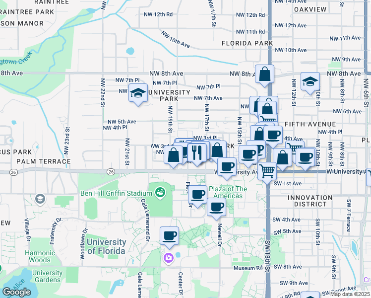 map of restaurants, bars, coffee shops, grocery stores, and more near 1819 Northwest 2 Avenue in Gainesville