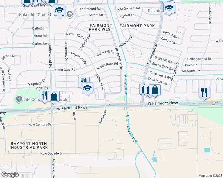map of restaurants, bars, coffee shops, grocery stores, and more near 10111 Roseberry Drive in La Porte
