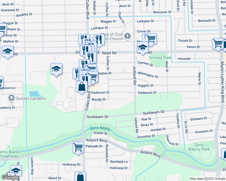 map of restaurants, bars, coffee shops, grocery stores, and more near 4809 Pederson Street in Houston