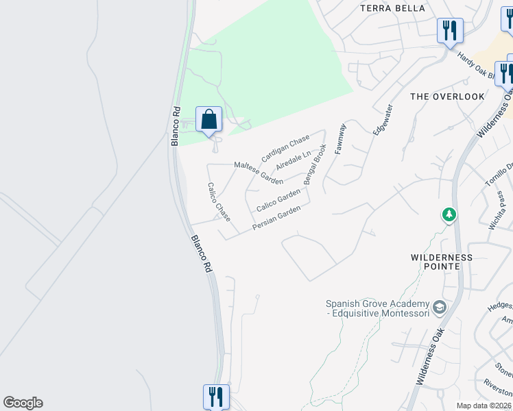map of restaurants, bars, coffee shops, grocery stores, and more near 970 Calico Garden in San Antonio