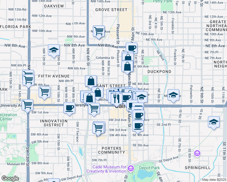 map of restaurants, bars, coffee shops, grocery stores, and more near 219 Northwest 3rd Avenue in Gainesville