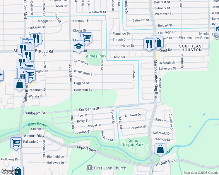 map of restaurants, bars, coffee shops, grocery stores, and more near 5217 Pederson Street in Houston