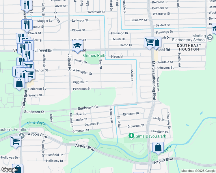 map of restaurants, bars, coffee shops, grocery stores, and more near 5217 Pederson Street in Houston