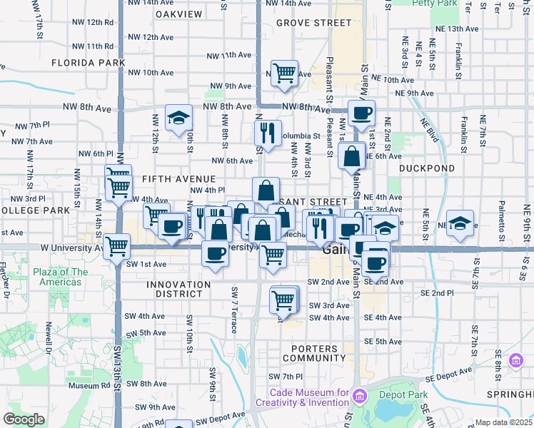 map of restaurants, bars, coffee shops, grocery stores, and more near 523 Northwest 3rd Avenue in Gainesville