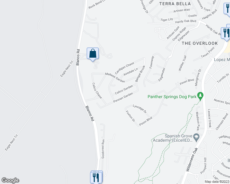 map of restaurants, bars, coffee shops, grocery stores, and more near 979 Calico Garden in San Antonio