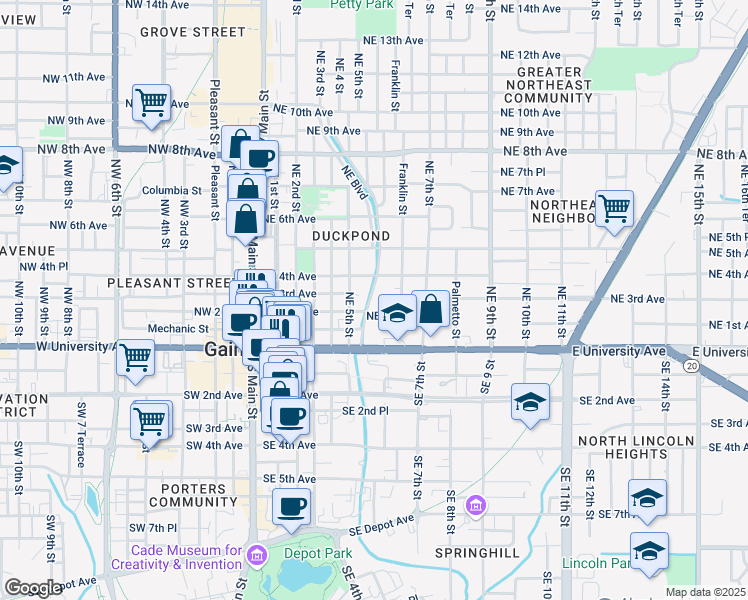 map of restaurants, bars, coffee shops, grocery stores, and more near 211 Northeast Boulevard in Gainesville