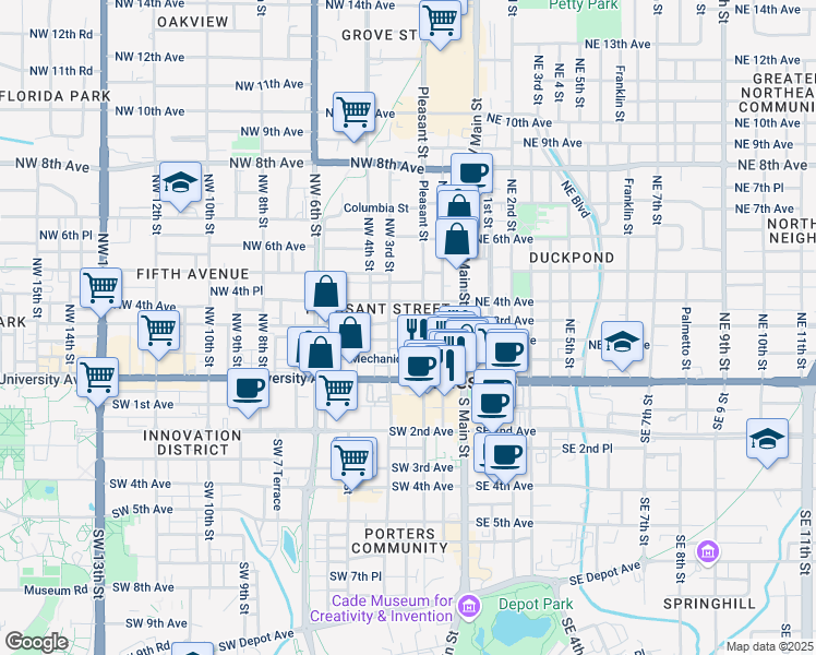 map of restaurants, bars, coffee shops, grocery stores, and more near 224 Northwest 2 Avenue in Gainesville