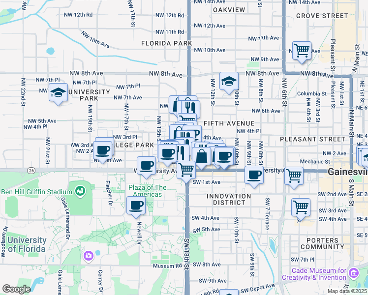 map of restaurants, bars, coffee shops, grocery stores, and more near 204 Northwest 13th Street in Gainesville