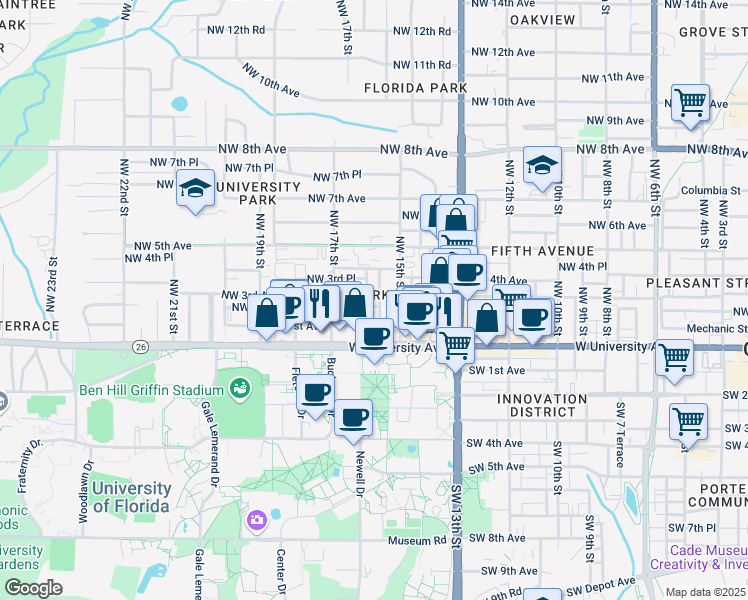 map of restaurants, bars, coffee shops, grocery stores, and more near 111 Northwest 16th Street in Gainesville
