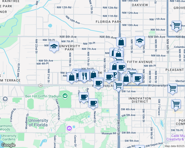 map of restaurants, bars, coffee shops, grocery stores, and more near 1624 Northwest 2 Avenue in Gainesville