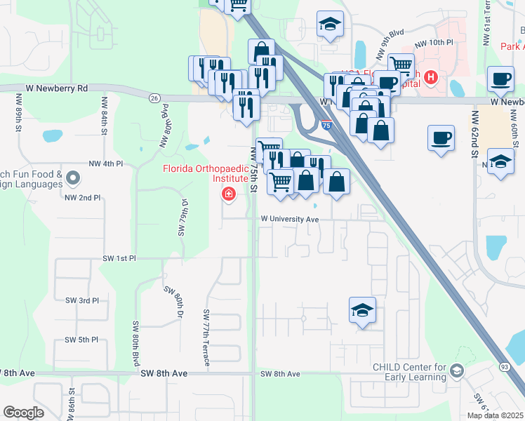 map of restaurants, bars, coffee shops, grocery stores, and more near 101 Tower Road in Gainesville