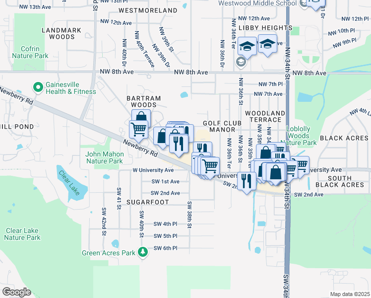 map of restaurants, bars, coffee shops, grocery stores, and more near 3832 West Newberry Road in Gainesville