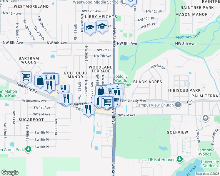 map of restaurants, bars, coffee shops, grocery stores, and more near 3405 Northwest 1st Court in Gainesville