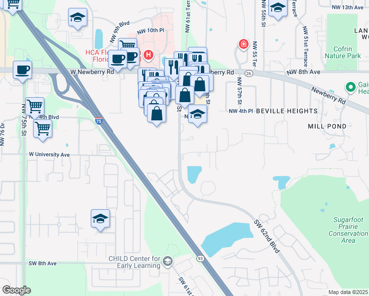 map of restaurants, bars, coffee shops, grocery stores, and more near 6120 Northwest 1st Place in Gainesville