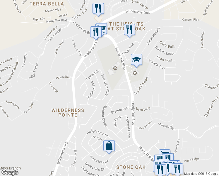 map of restaurants, bars, coffee shops, grocery stores, and more near 22731 San Saba Bluff in San Antonio